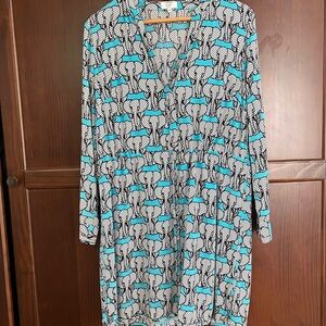 Crown & Ivy Elephant Print V-Neck Shirt Dress in Turquoise & Black Tie Waist 10P